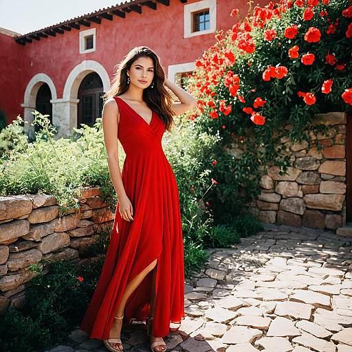 Woman in Red Dress by Stone Wall