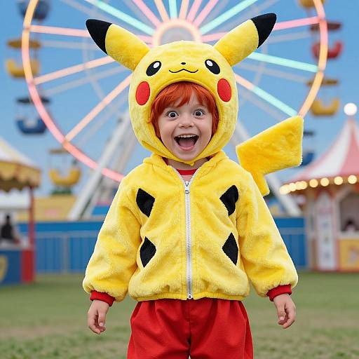 Photograph of a thrilled child in a Pikachu onesie with yellow hood and red pants, standing in front of a brightly lit Ferris wheel at a