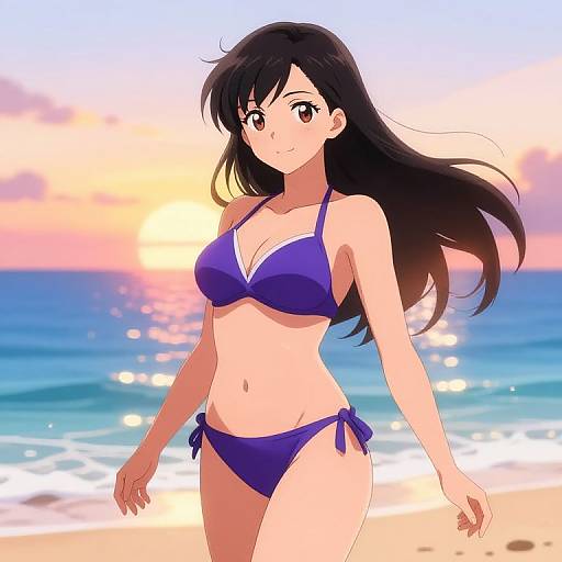 Anime-style digital drawing of a smiling, black-haired woman in a purple bikini, standing on a sunny beach with a colorful sunset.