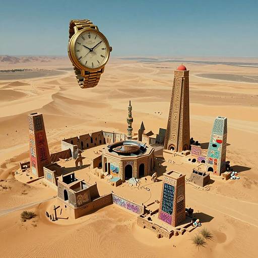 CGI image: Giant golden wristwatch hovering over a futuristic, desert oasis with colorful, pyramid-like buildings and towering structures under a clear blue sky.