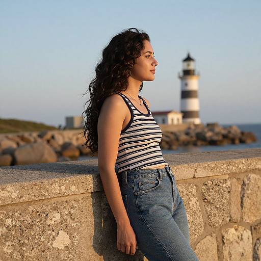 Woman by Lighthouse at Golden Hour