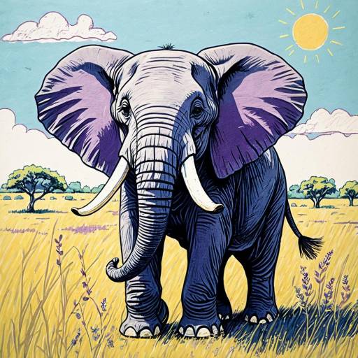 Childlike Drawing of Elephant in Savanna
