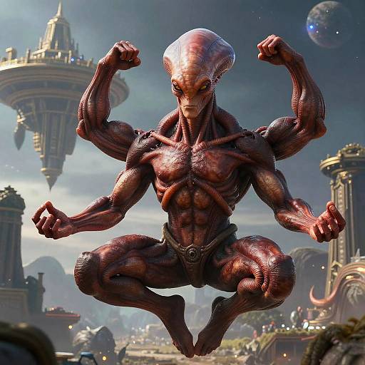 Levitating Red Four-Armed Alien Warrior
