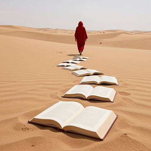 Photograph of a red-robed figure walking through a sandy desert, stepping on a line of open books, casting shadows on the sand.