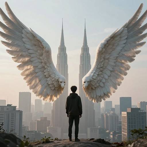 Photograph-style digital art: Silhouetted man with angel wings, standing on rooftop, facing twin Petronas Towers in cityscape at sunset