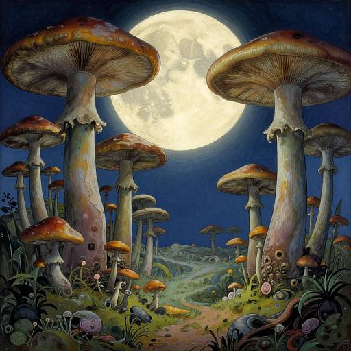 Otherworldly Mushroom Landscape at Night