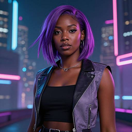 Photorealistic digital artwork of a confident Black woman with purple bob hair, wearing a black crop top and silver leather vest, standing in a neon-l