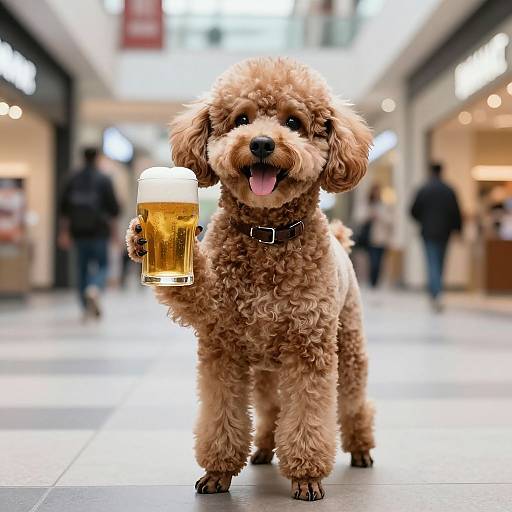 Photograph of a curly brown poodle standing in a mall, holding a frothy beer in its right paw, tongue out, wearing a black collar