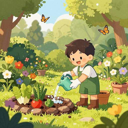 Child Watering a Vibrant Garden