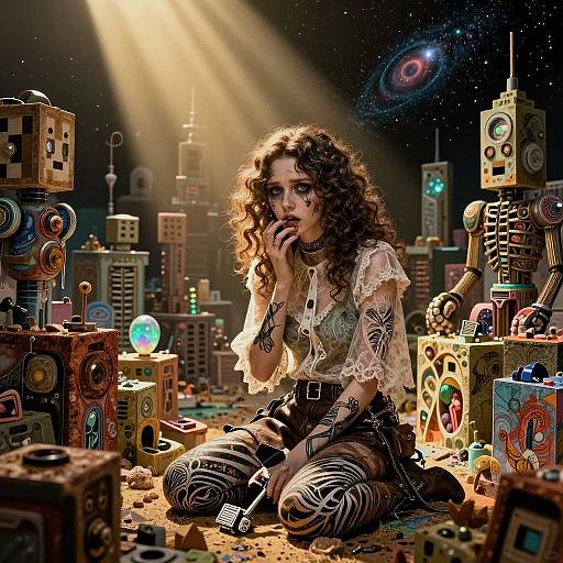 Curly-haired woman in lace shirt and zebra-striped pants sits pensively amidst colorful, glowing robotic cityscape under starry night sky. Digital artwork