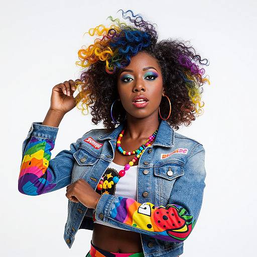 Photograph of a vibrant African-American woman with colorful, curly hair, wearing a denim jacket with rainbow patterns, hoop earrings, and a colorful beaded