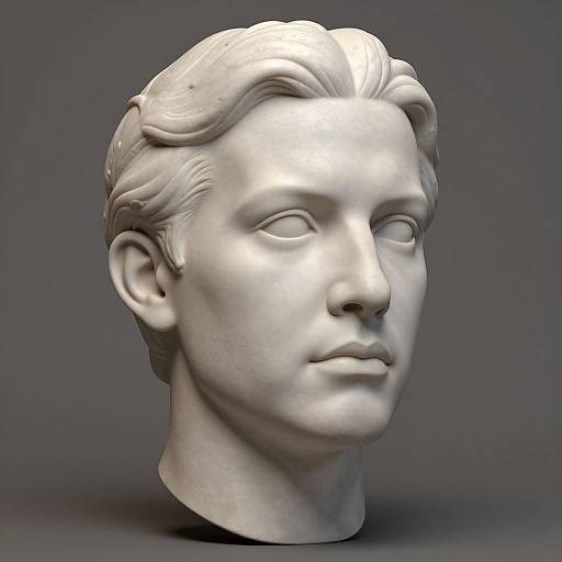 Photograph of a white, classical-style marble bust of a young man with neatly combed, wavy hair, smooth features, and a neutral expression
