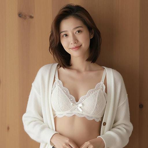 Smiling Asian Woman in White Lace