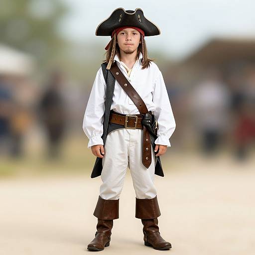 Photograph of a young boy in a white pirate outfit with black tricorn hat, brown boots, and belt, standing confidently with blurred outdoor background.