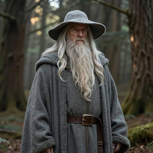 Elderly Wizard in Grey Robe and Hat