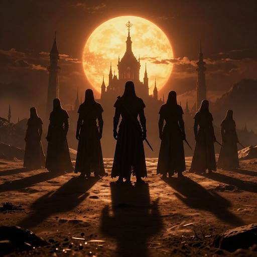 Silhouetted warriors in dark robes stand before a glowing, full moon and a gothic castle, with shadowy towers in the background. Digital