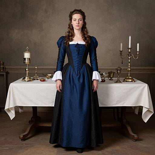 Photograph of a young woman in a Victorian-style navy blue dress with puffed sleeves, standing in front of a table with white tablecloth, candles