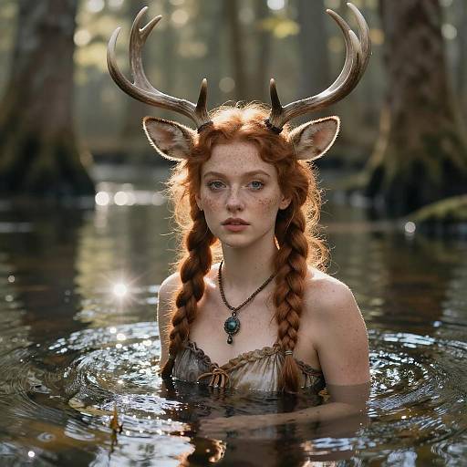 Ginger Girl with Deer Antlers in Swamp