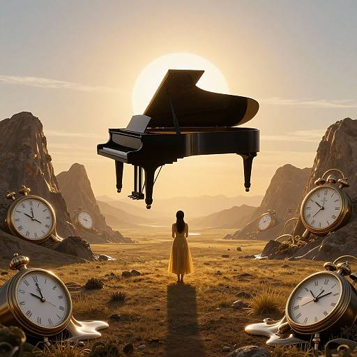 Photograph: Silhouetted woman in yellow dress facing floating grand piano at sunset, surrounded by clock faces, in mountainous, grassy landscape