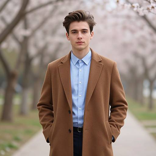 Photograph of a young man with dark hair, wearing a brown overcoat, blue striped shirt, standing in a blurred park with cherry blossoms.