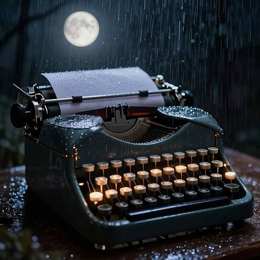 Photograph of a rain-soaked vintage typewriter with glowing keys under a full moon, water droplets sparkling on its black metal surface, evoking