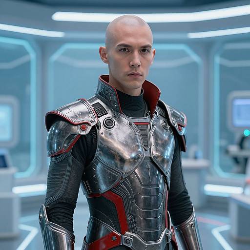 CGI image of a bald, fair-skinned man in futuristic, metallic armor with red accents, standing in a brightly lit, blue-tinted