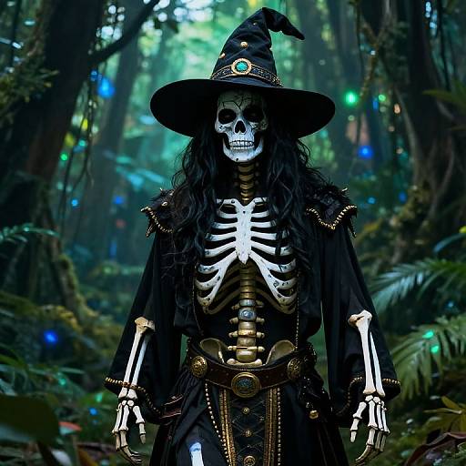 Digital art of a skeletal witch with glowing eyes, black hat, and cloak, standing in a mystical forest with colorful lights.