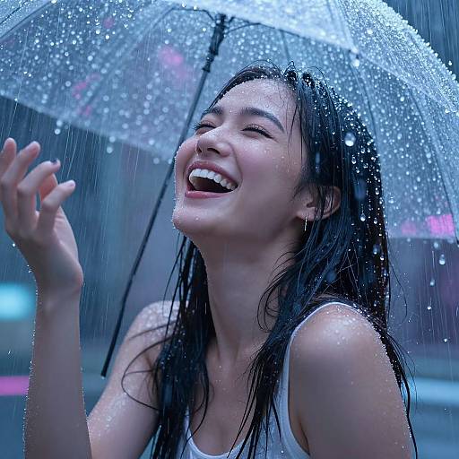 Photograph of a smiling Asian woman with wet, dark hair, holding a transparent umbrella in the rain, wearing a white tank top, water droplets