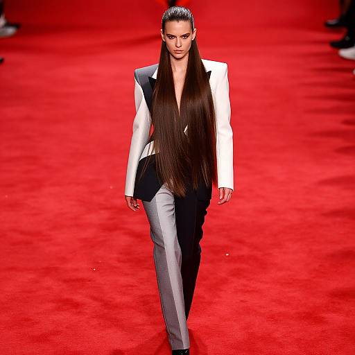 Photograph of a sleek, white-jacketed model with long, straight black hair, walking on a vibrant red carpet, striking a confident, intense
