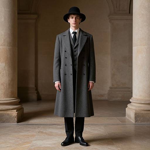 Photograph of a young man in a dark gray, double-breasted overcoat, black tie, and top hat, standing in a stone-columned