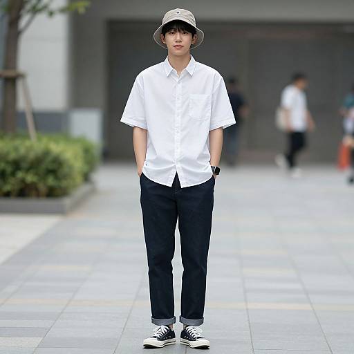 Photograph of a young Asian man in a white short-sleeve shirt, black pants, black-and-white sneakers, and beige hat, standing on