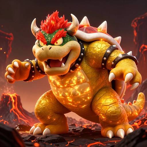 CGI image of Bowser, a large, yellow, spiked, muscular turtle-dragon hybrid with red hair, horns, and glowing orange scales,