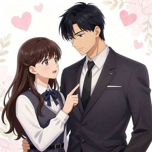 Anime-style digital drawing: Brown-haired girl in school uniform points at black-haired, tall man in suit, both smiling; white background with pink hearts.
