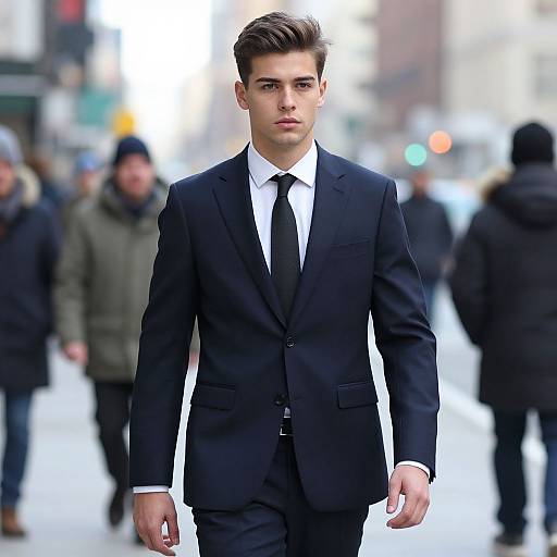 Photograph of a young, handsome man with short brown hair, wearing a black suit, white shirt, and black tie, walking confidently in a bustling