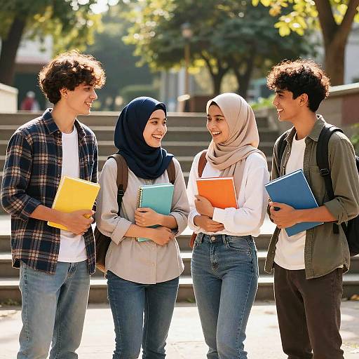 Joyful Diverse Students on Sunny Campus Steps