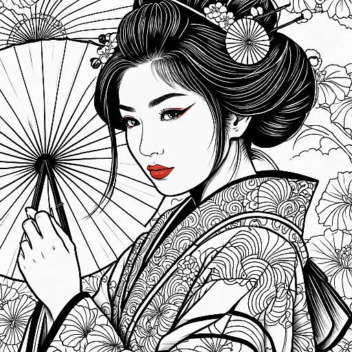 Intricate Japanese Geisha Coloring Page Design