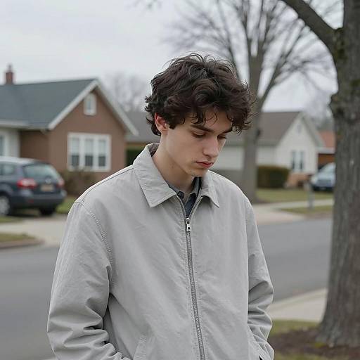 Somber Young Man on Suburban Street