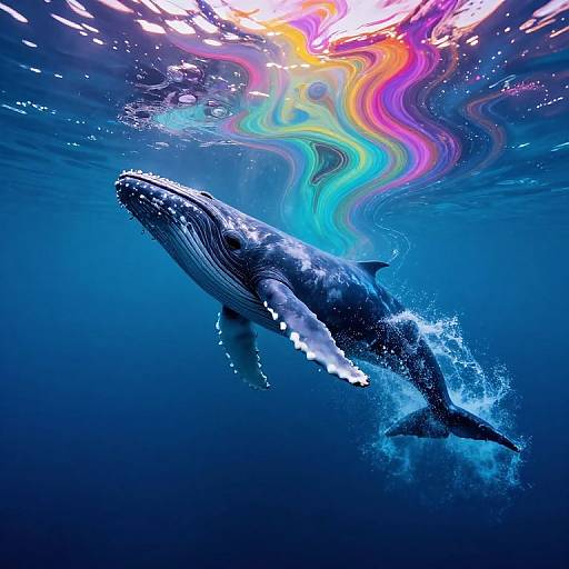 Photorealistic digital art of a massive blue whale swimming underwater, surrounded by vibrant, rainbow-colored light ripples from the surface.