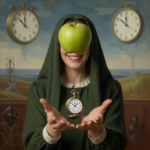 Photograph-style digital art of a smiling woman in a black nun's habit, green apple covering eyes, holding a pocket watch, with two clocks in