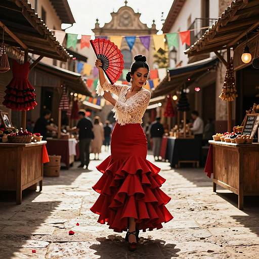 Photograph of a flamenco dancer in a white lace top and red ruffled skirt, holding a red fan, in a sunlit, colorful market