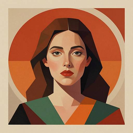 Digital illustration of a woman with long brown hair, red lips, green and orange clothing, and a red-orange halo background.