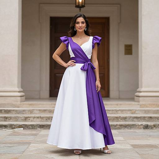 Photograph of a smiling woman with dark hair in a white dress with a purple sash, standing in front of a stone building with wooden doors.