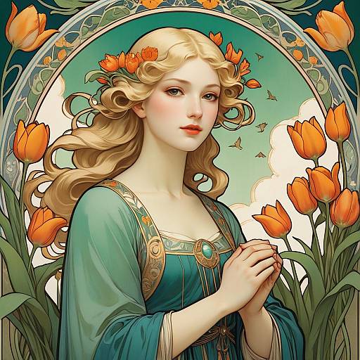 Art Nouveau Woman with Tulips