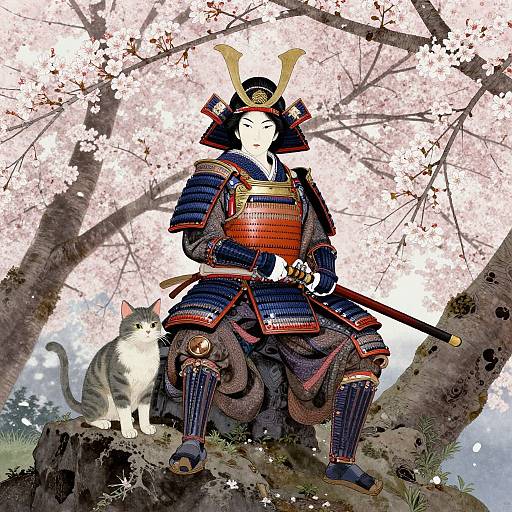 Digital illustration of a samurai in traditional armor, sitting on a tree branch with a cat, surrounded by cherry blossoms.