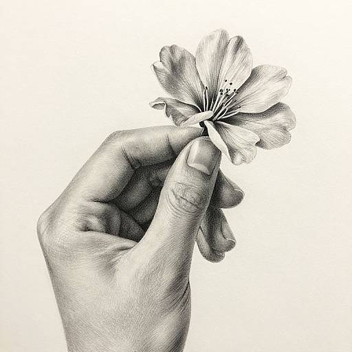Black-and-white photograph of a hand holding a delicate flower with detailed petals and visible stamen, against a white background.