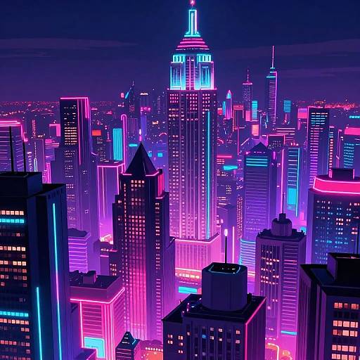 Neon-lit digital illustration of a vibrant, futuristic city skyline at night, featuring towering buildings with glowing pink, blue, and purple lights. The