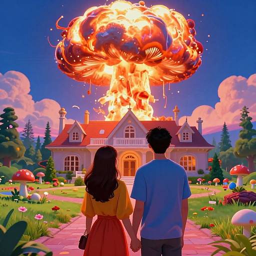 Futuristic Couple Amid Vaporwave Explosion