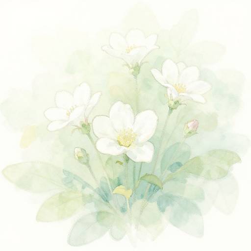 Watercolor-style floral illustration featuring white and pale yellow flowers with green leaves, softly blended into a light, airy background.