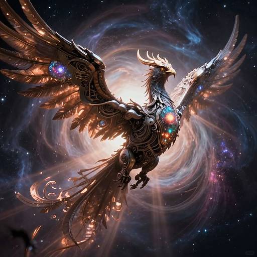 Digital art of a radiant, ornate phoenix with glowing blue and orange accents, soaring through a swirling cosmic galaxy backdrop.
