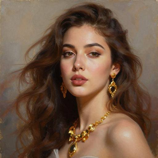Digital portrait of a beautiful woman with long brown hair, wearing gold jewelry, including earrings and a necklace, against a textured gray background.